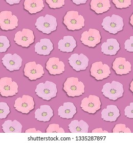 seamless flower pattern with pink and lilac wild roses blossom, vintage retro style with shadow isolated on pink background, vector eps10 illustration