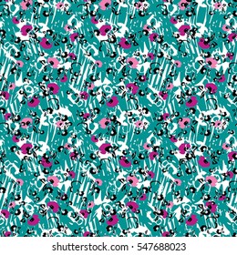 Seamless flower pattern with pink, lilac, black and white elements on green background