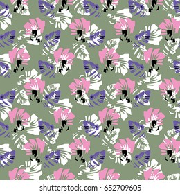 Seamless flower pattern with pink, lilac, black and white elements on grey background
