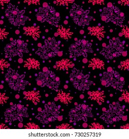 Seamless flower pattern, pink and orange dahlias. Dark background. Vintage style