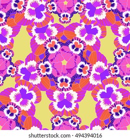 seamless flower pattern pink violet pansies on an orange background vector illustration