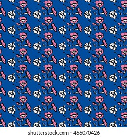 Seamless flower pattern with  pink and white elements on blue background