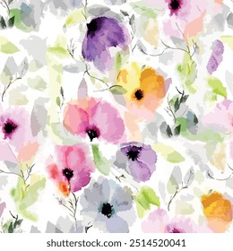 Seamless flower pattern with pink, yellow, purple and green watercolor textured hand drawn art florals and leaves background elements