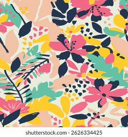 Seamless flower pattern with pink, yellow, green and black colored hand drawn art abstract brush drawing leaf and floral background elements