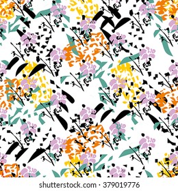 Seamless flower pattern with pink, yellow, orange, green and black elements on white background
