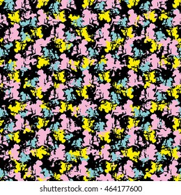 Seamless flower pattern with pink, yellow and blue elements on black background