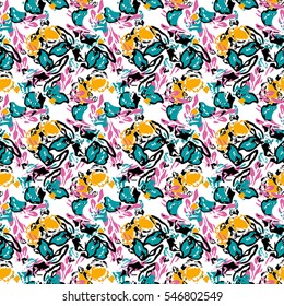 Seamless flower pattern with pink, yellow, blue and black elements