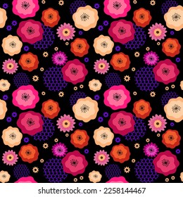 Patrón de flores sin foco, flores de amapola y elementos decorativos sobre fondo negro vectorial plano, ilustración.
