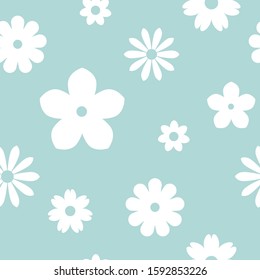 Seamless flower pattern. Powder blue background with white  blossoms . Vector symmetric wallpaper. Nature eco ornament for print. 