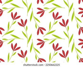 Patrón de flores sin foco. Las flores rojas crecen. Flores de primavera para las vacaciones de primavera. Ilustración vectorial plana de dibujos animados para papel pintado, textiles, embalaje. Textura sin fin para diseño de Semana Santa y Primavera