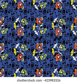 Seamless flower pattern with red, green, yellow and white elements on violet background