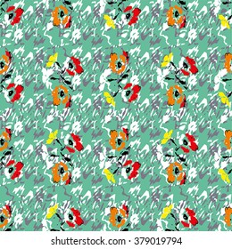 Seamless flower pattern with red, yellow, orange and white elements on green background