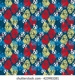 Seamless flower pattern with red, yellow, blue and white elements on violet background