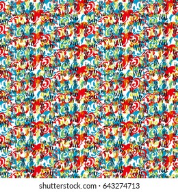 Seamless flower pattern with red, yellow, black and blue elements on white background