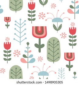 Seamless flower pattern in Scandinavian style. Vector Illustration. Kids illustration for nursery design. Great for baby clothes, greeting card, wrapping paper.