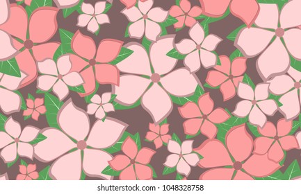 Seamless Flower Pattern in Shades of Red. Beautiful Spring Background in Vintage Style. Seamless Flowers with Leaves for Banner, Textile, Fabric, Wallpaper, Postcard, Invitation, Paper, Wrapping, Card
