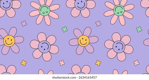 Seamless flower pattern with smiling faces and colorful petals. Cute retro floral design on purple background. Fun and playful hippie-inspired backdrop for kids and teens