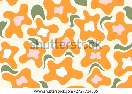 Seamless flower pattern Space for selling products on the website. Geometric stylized flowers in groovy naive style. Vector illustration.