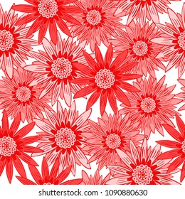 Seamless Flower Pattern. Stylized Gerbera or Daisy. Vector Decorative Flowers in Hipster Style. African Camomile Gasania. Seamless Red Flowers for Print, Cloth, Textile, Fabric, Paper, Wrapping, Tile.