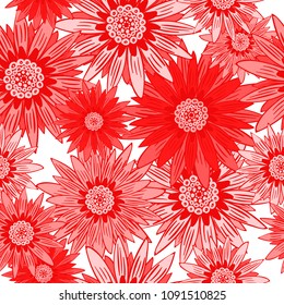 Seamless Flower Pattern. Stylized Gerbera or Daisy. Vector Decorative Flowers in Hipster Style. African Camomile Gasania. Seamless Red Flowers for Print, Cloth, Textile, Fabric, Paper, Wrapping, Tile.