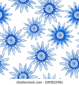 Seamless Flower Pattern. Stylized Gerbera or Daisy. Vector Blue Flowers on a White Background. African Camomile Gasania. Seamless Flowers for Print, Cloth, Textile, Fabric, Paper, Wrapping, Tile.