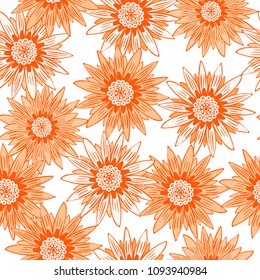 Seamless Flower Pattern. Stylized Gerbera or Daisy. Vector Decorative Flowers in Hipster Style. African Camomile Gasania. Seamless Orange Flowers for Print, Cloth, Textile, Fabric, Paper, Wrapping.