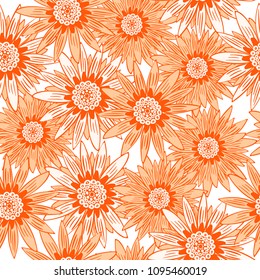 Seamless Flower Pattern. Stylized Gerbera or Daisy. Vector Decorative Flowers in Hipster Style. African Camomile Gasania. Seamless Orange Flowers for Print, Cloth, Textile, Fabric, Paper, Wrapping.