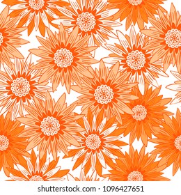 Seamless Flower Pattern. Stylized Gerbera or Daisy. Vector Decorative Flowers in Hipster Style. African Camomile Gasania. Seamless Orange Flowers for Print, Cloth, Textile, Fabric, Paper, Wrapping.