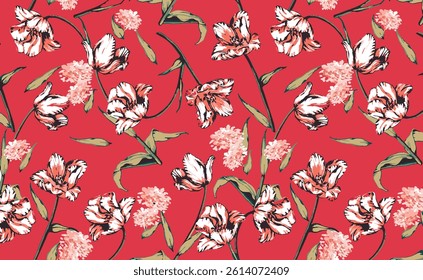 Seamless flower pattern. Textile print and hand flower pattern design  on the red background. Seamless pattern design for textile.Green flower.For textile and fashion. Hand flower pattern design. 
