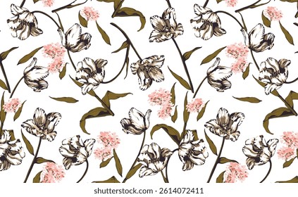 Seamless flower pattern. Textile print and hand flower pattern design  on the white background. Seamless pattern design for textile.Green flower.For textile and fashion. Hand flower pattern design. 