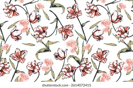 Seamless flower pattern. Textile print and hand flower pattern design  on the white background. Seamless pattern design for textile.Green flower.For textile and fashion. Hand flower pattern design. 