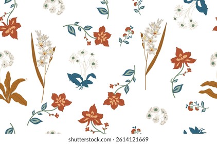 Seamless flower pattern. Textile print and hand flower pattern design  on the white background. Seamless pattern design for textile.Green flower.For textile and fashion. Hand flower pattern design. 