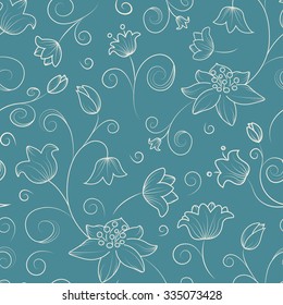 Seamless flower pattern. Tulip and lily white outline on pale blue background.