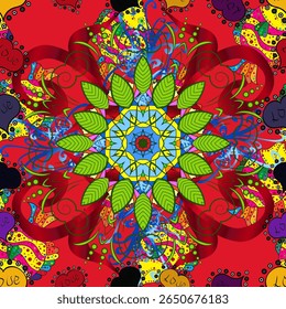 Sem emenda. Padrão de flor. vetor sem emenda Padrão de tecido bonito. Cor primavera tema sem emenda padrão fundo. Design de elementos de flor plana. Vermelho. Verde. Mandala. Pétalas.
