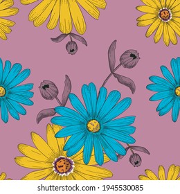 Seamless flower pattern. vector design for fashion, fabric, wallpaper and all prints on green background earth tone color. Tropical botanical Motifs.