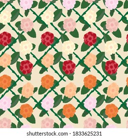 Seamless flower pattern vector. Various roses with stem in pink, red, orange and yellow on a vanilla background for fabric, scrapbook paper, wrapping paper, or backgrounds.