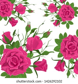 Seamless Flower Pattern. Vintage Pink Roses with Green Leaves. Floral Decorative Seamless Background for Wedding Invitation. Elegant Vector Flower Pattern for Textile Print, Retro Fabric.