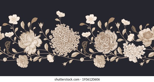 Seamless flower pattern. Vintage vector. Floral background. Black, white, gold. Garden flowers roses, peonies, hydrangea Victorian style. Luxury textiles, paper, wallpaper decoration. Ornamental cover