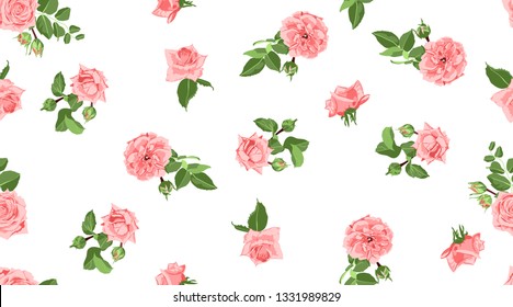 Seamless Flower Pattern. Vintage Watercolor Roses with Green Leaves. Floral Decorative Seamless Background for Wedding Invitation. Elegant Hand Drawn Flower Pattern for Textile Print, Retro Fabric.