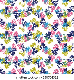 Seamless flower pattern with violet, pink and yellow elements on white background
