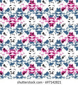 Seamless flower pattern with violet, pink and black elements on white background 