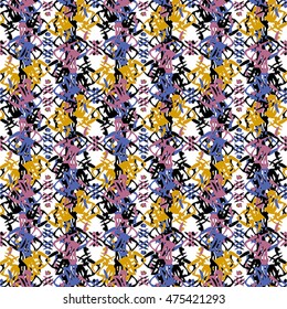 Seamless flower pattern with violet, yellow, black and white elements on pink background