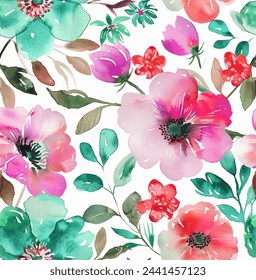 Seamless flower pattern with watercolor textured abstract floral and leaf background elements in pink, green, red. Watercolor floral illustration.Seamless pattern.