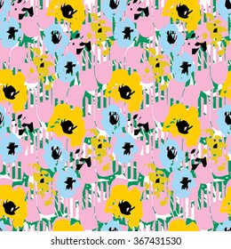 Seamless flower pattern with yellow, black, pink and blue elements on green background
