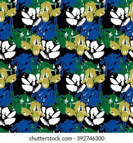 Seamless flower pattern with yellow, blue, white and green elements on black background