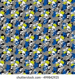 Seamless flower pattern with yellow, blue, black and white elements on grey background