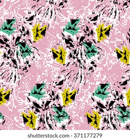 Seamless flower pattern with yellow, green, black and white elements on pink background