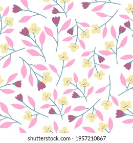 Seamless flower pattern with yellow and red flowers with pink leaves on white background.flower hand drawn.