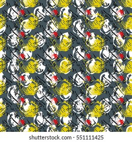 Seamless flower pattern with yellow, red, black and white elements on grey background