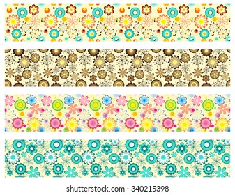 Seamless flower patterns isolated on white. Set of colorful horizontal backgrounds. Vector illustration.